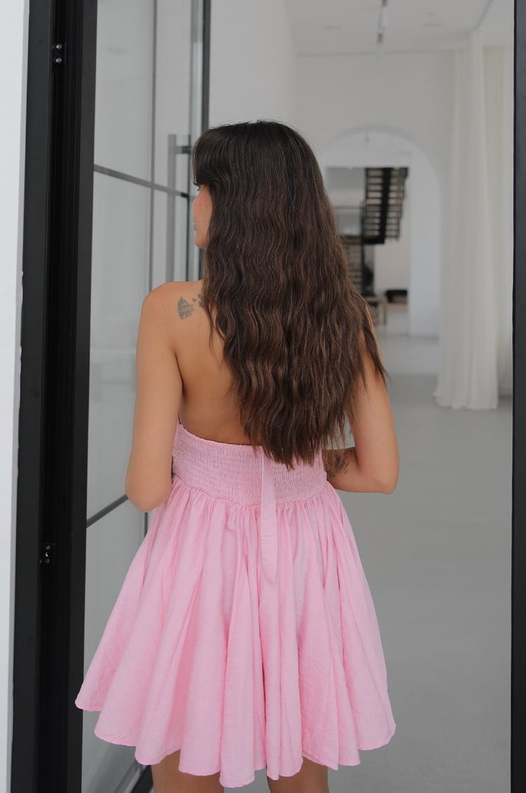 Pembe Bedard Boyundan Bağlamalı Mini Elbise