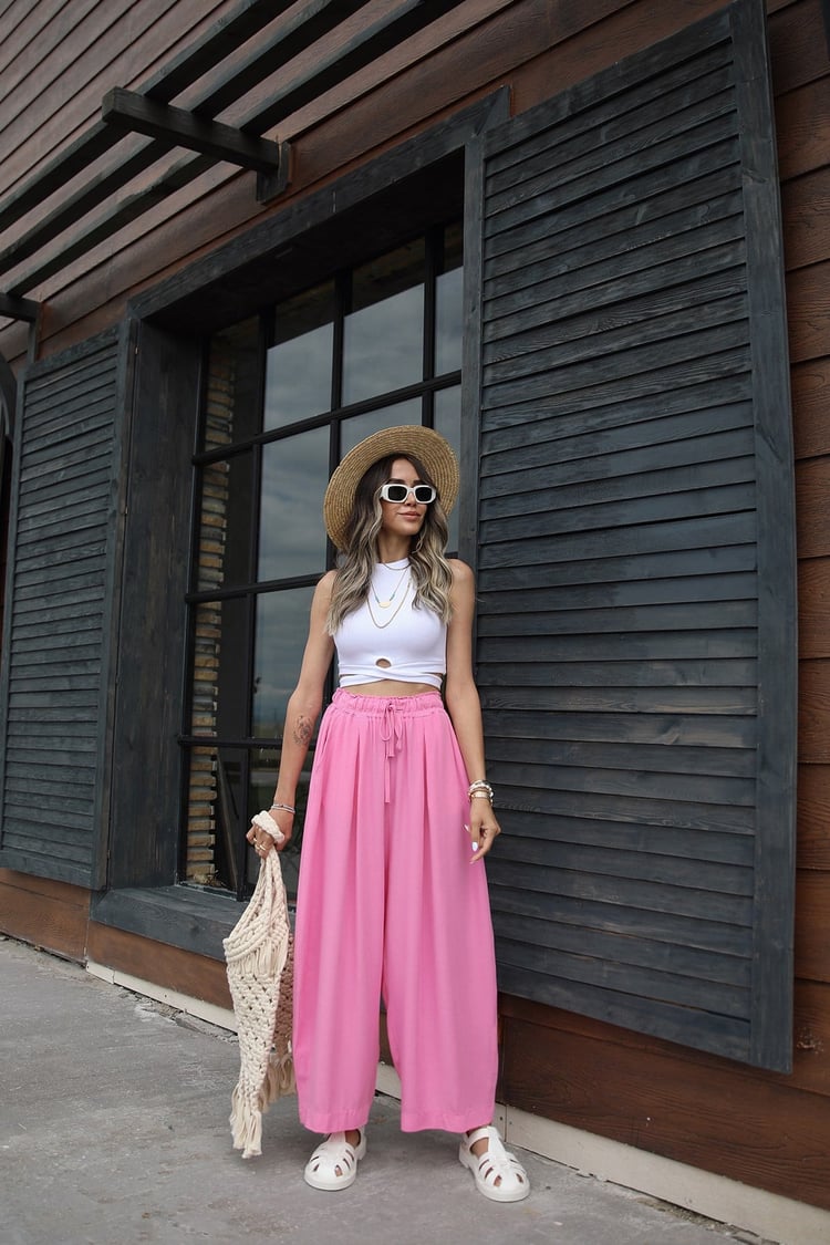 Pembe Beli İpli Keten Şalvar Pantolon