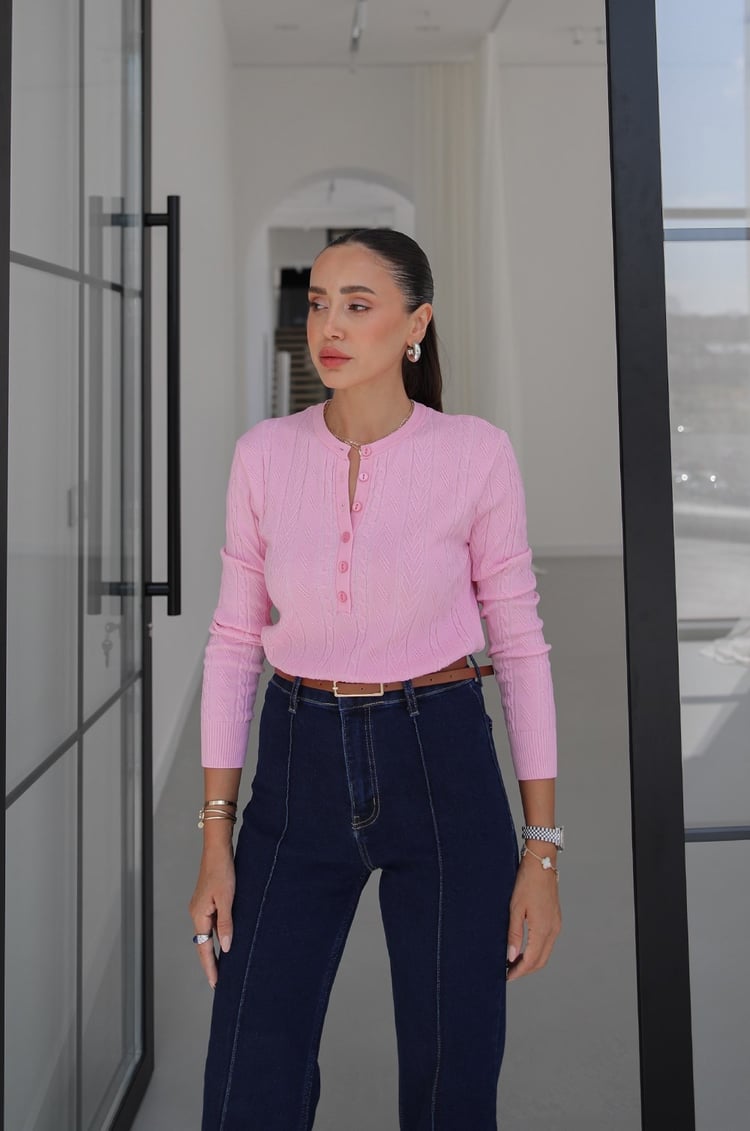 Pembe Bisiklet Yaka Düğmeli Triko Bluz