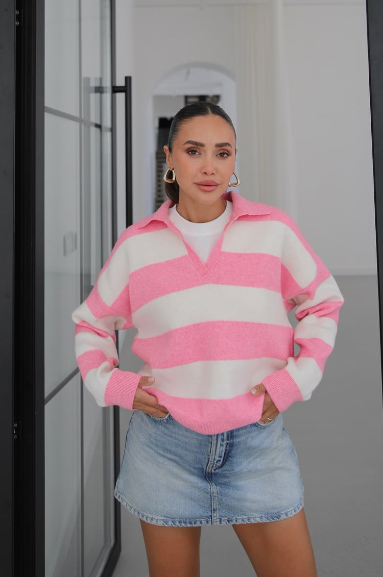 Pembe Blok Çizgili Polo Yaka Kazak