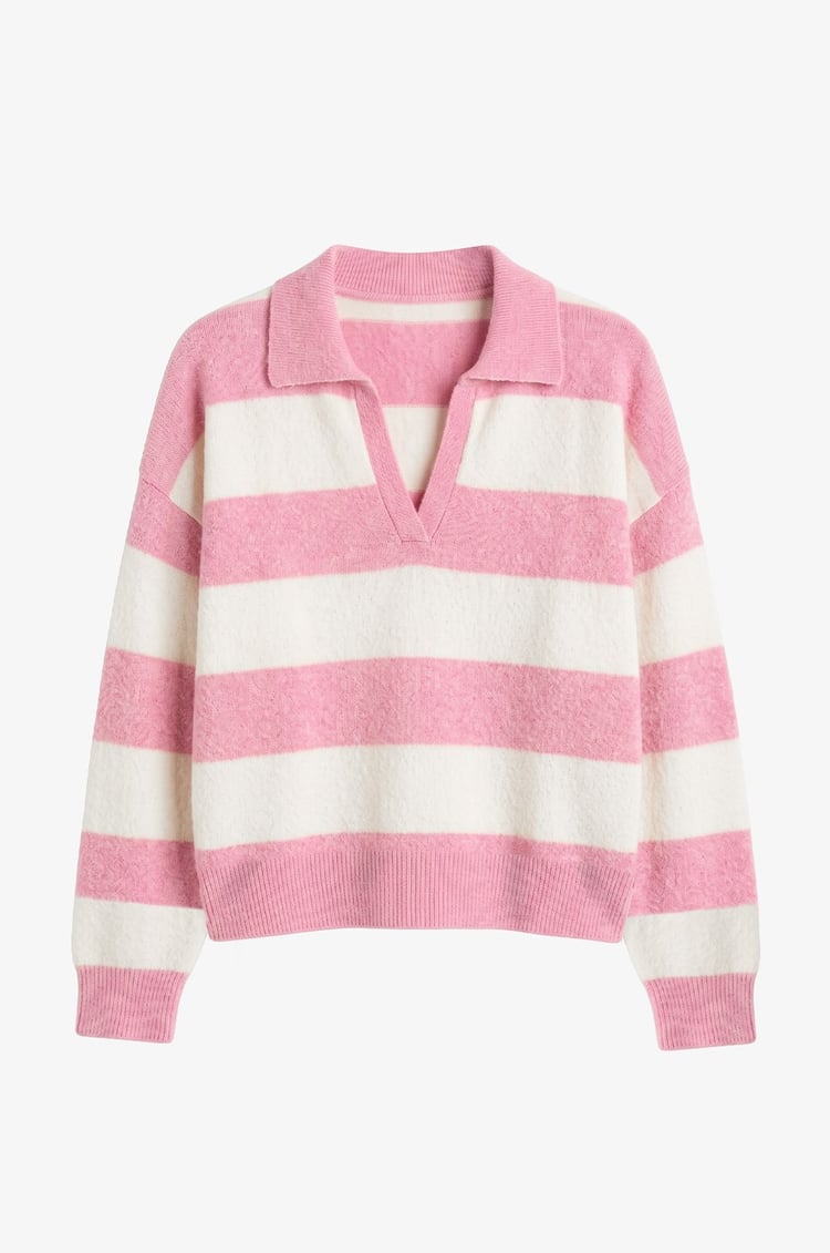 Pembe Blok Çizgili Polo Yaka Kazak