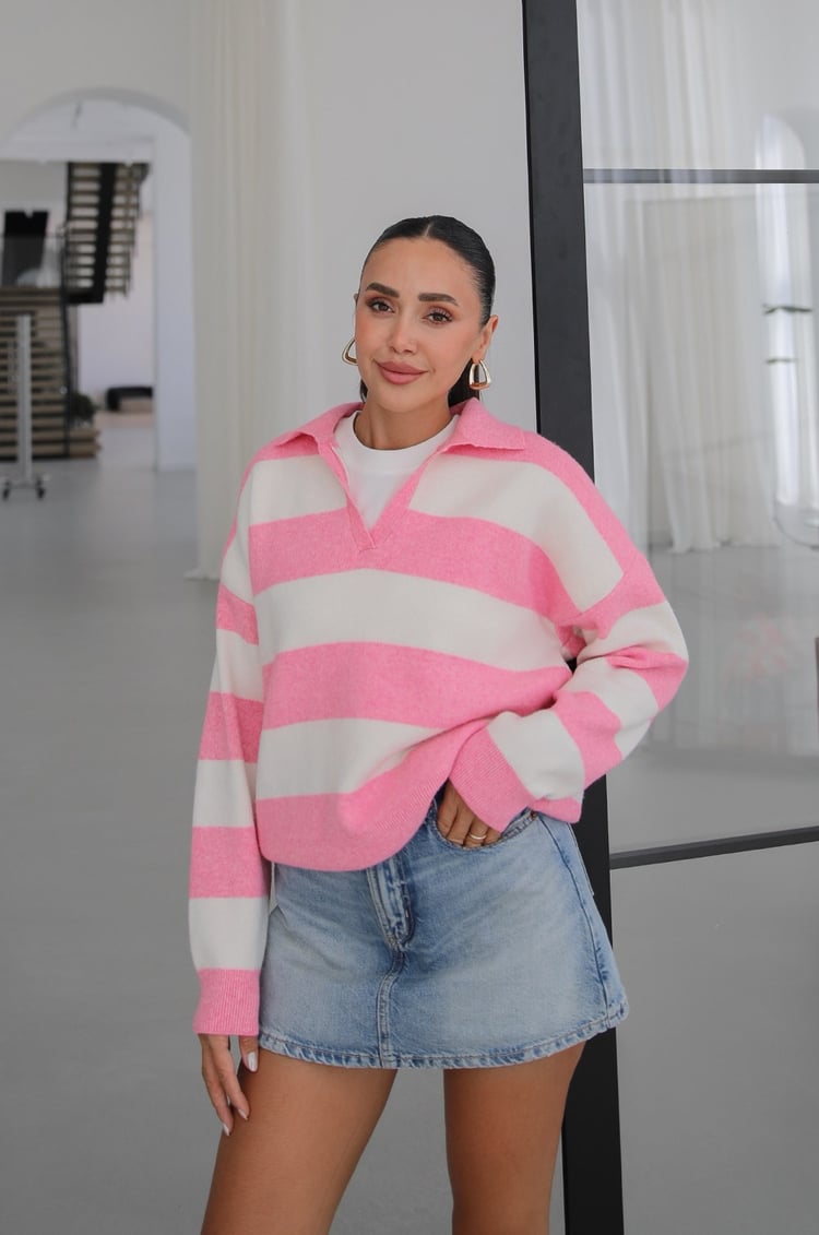 Pembe Blok Çizgili Polo Yaka Kazak