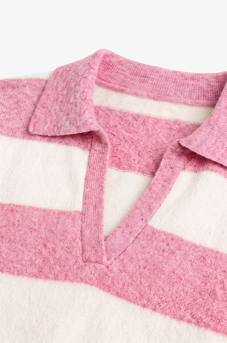 Pembe Blok Çizgili Polo Yaka Kazak