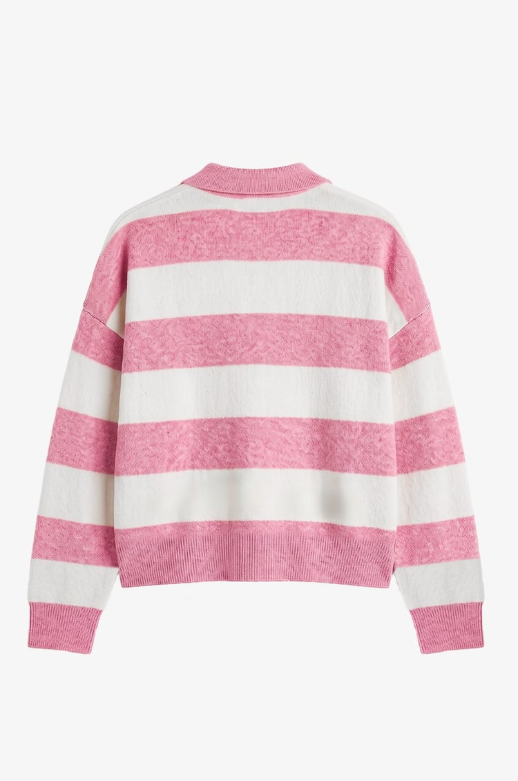 Pembe Blok Çizgili Polo Yaka Kazak