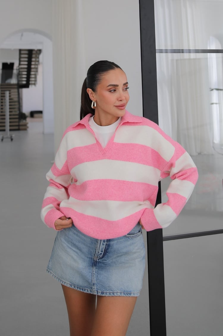 Pembe Blok Çizgili Polo Yaka Kazak