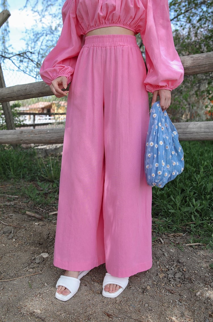 Pembe Bol Paça Pantolon Crop Takım
