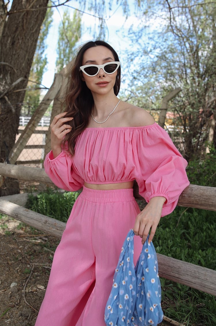 Pembe Bol Paça Pantolon Crop Takım