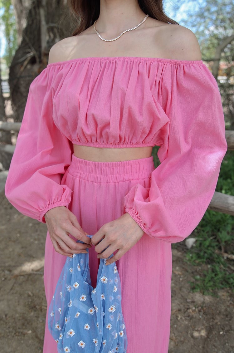 Pembe Bol Paça Pantolon Crop Takım
