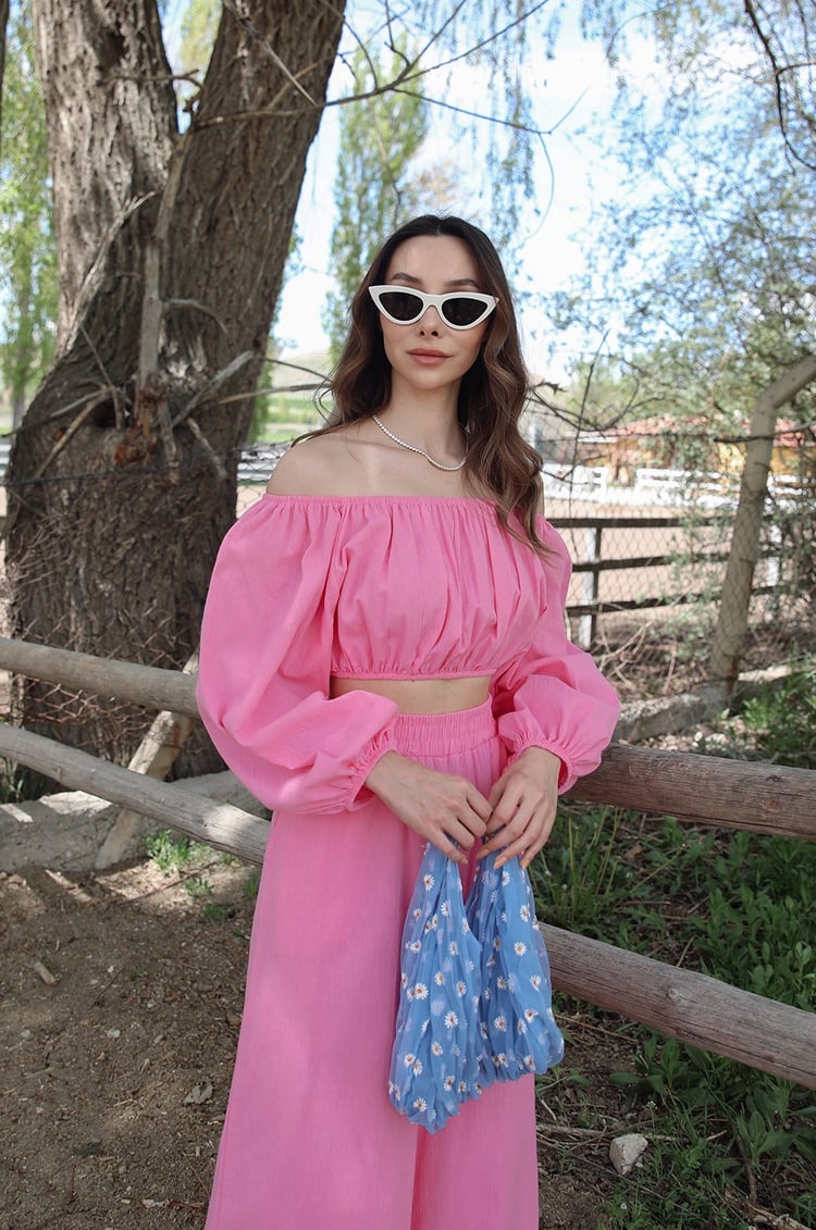 Pembe Bol Paça Pantolon Crop Takım