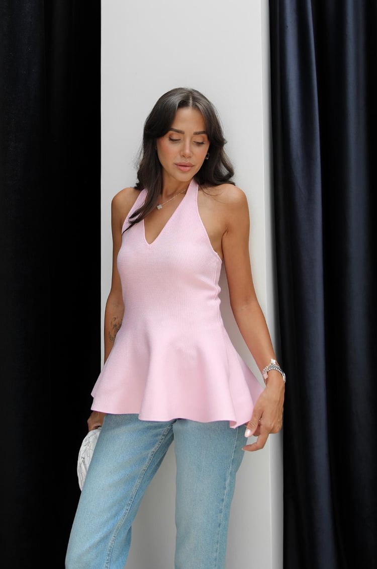 Pembe Boyun Askılı Peplum Triko Bluz