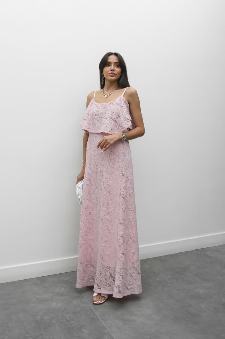 Pembe Butler Dantel Detaylı Askılı Elbise