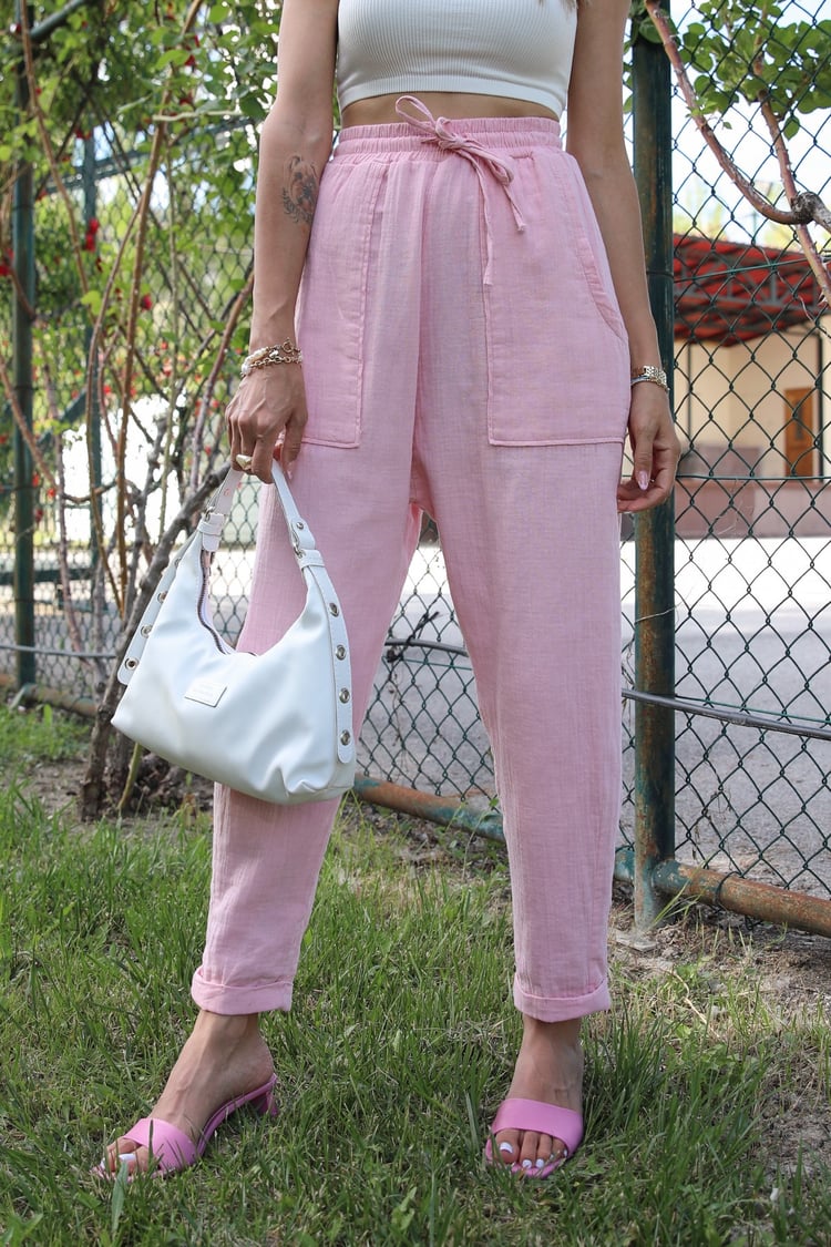 Pembe Büyük Cepli Keten Pantolon