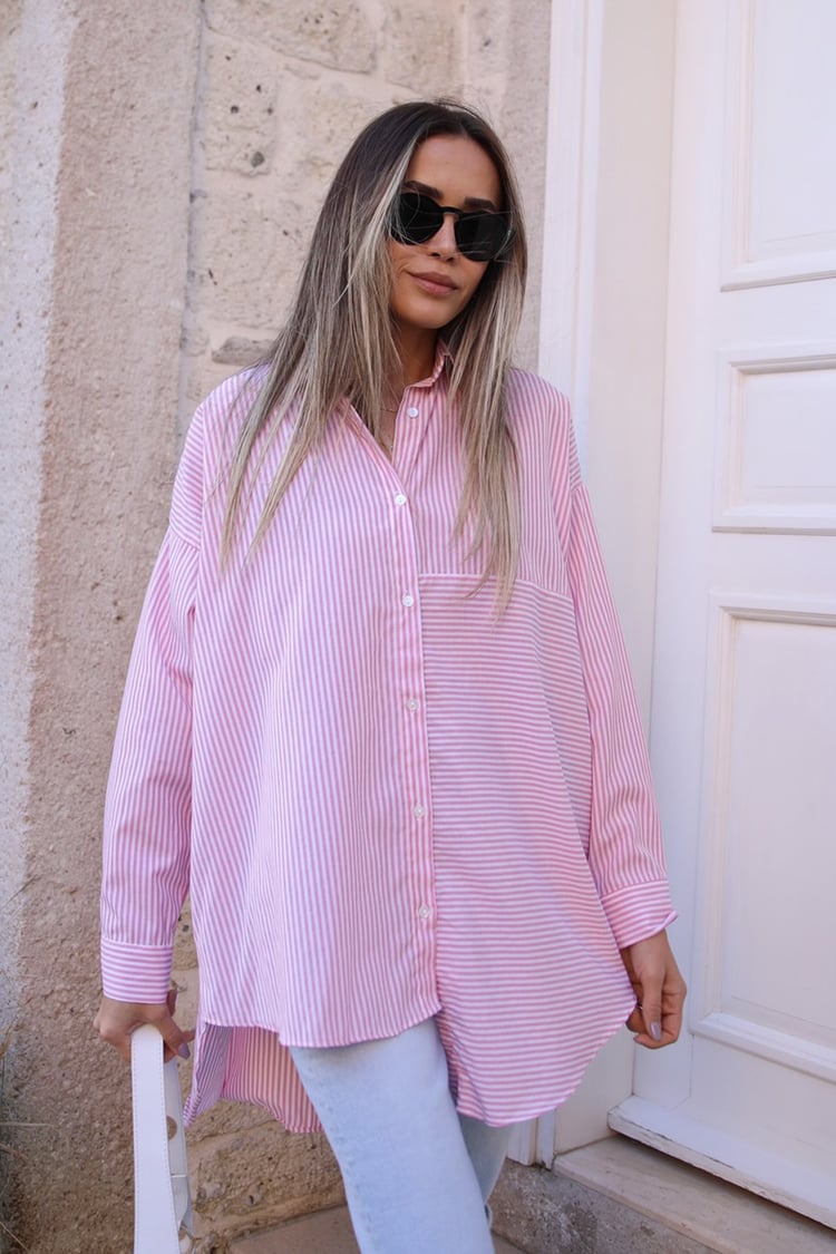 Pembe Çizgili Asimetrik Gömlek