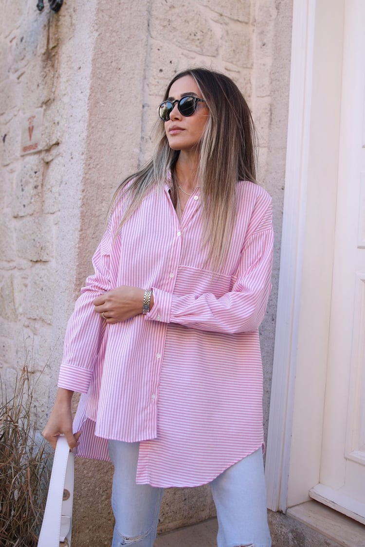 Pembe Çizgili Asimetrik Gömlek