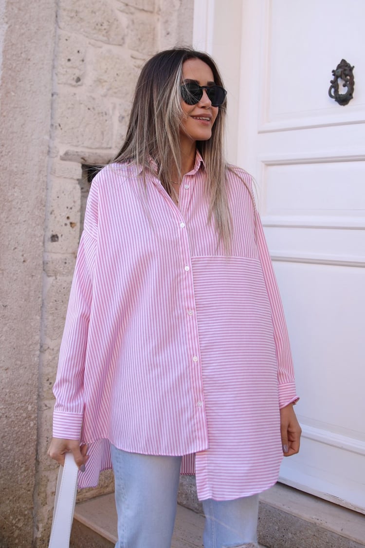 Pembe Çizgili Asimetrik Gömlek