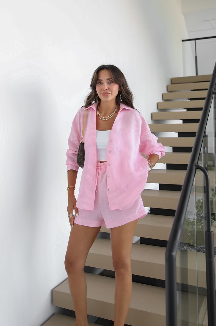 Pembe Çizgili Gömlek Şort Takım