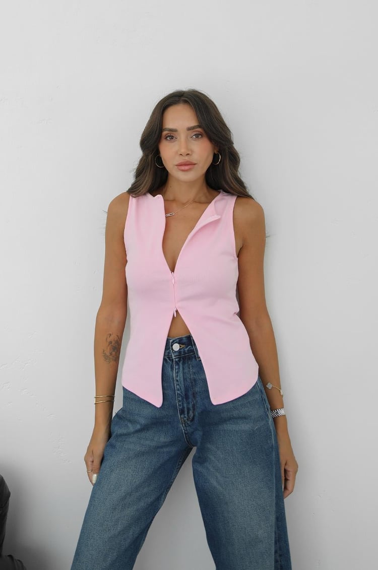 Pembe Dale Fermuar Detaylı Bluz