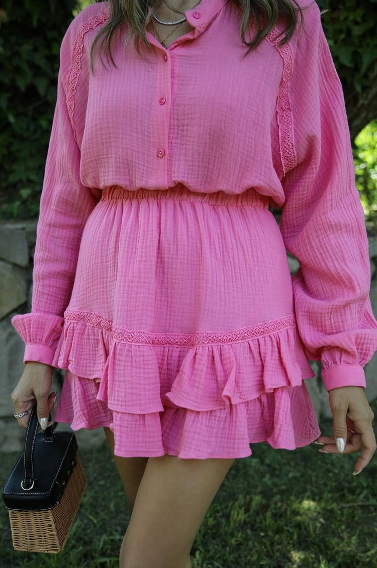 Pembe Dantel İşlemeli Gömlek Etek Takım