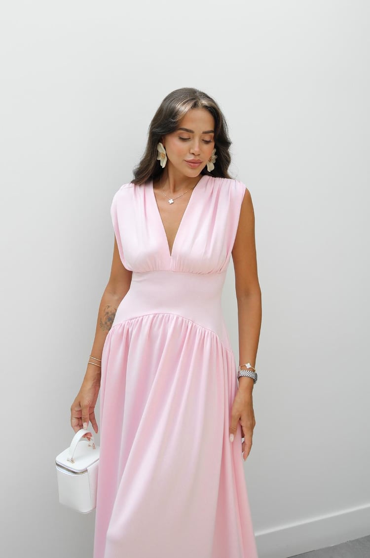 Pembe Derin V Yaka Belden Oturtmalı Elbise