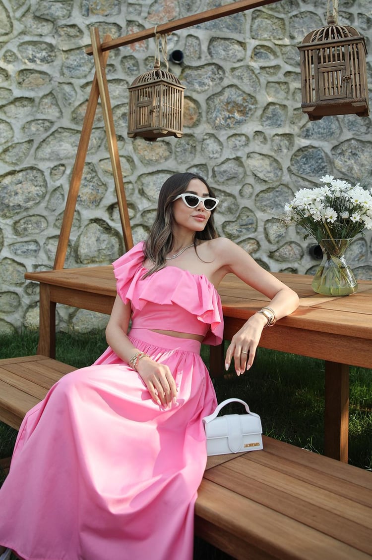 Pembe Fırfırlı Crop Etek Takım