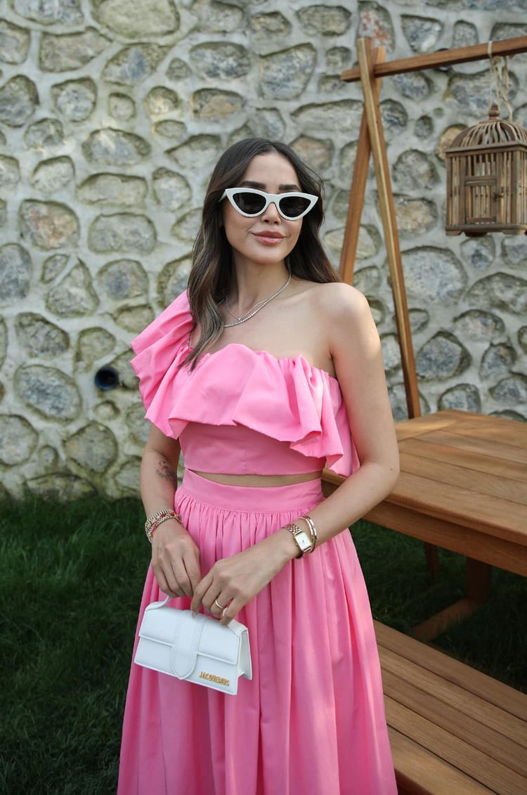 Pembe Fırfırlı Crop Etek Takım