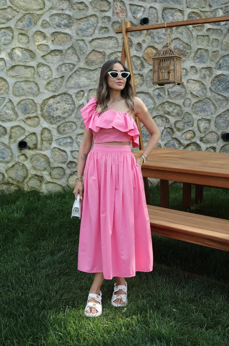 Pembe Fırfırlı Crop Etek Takım