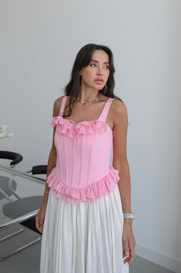 Pembe Fırfırlı Volanlı Korse Bluz