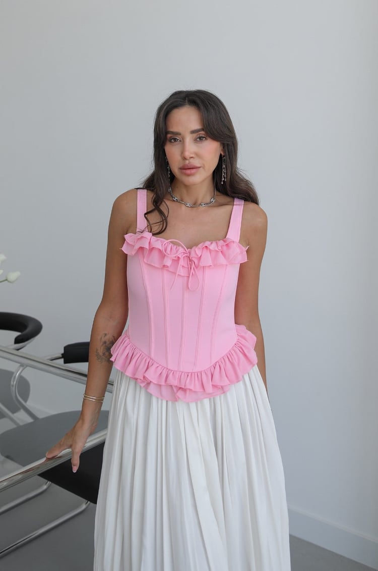 Pembe Fırfırlı Volanlı Korse Bluz