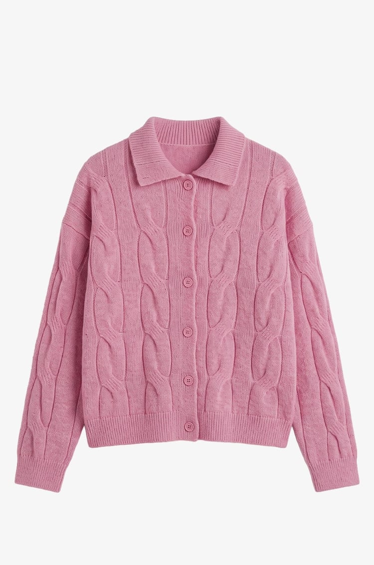 Pembe Fitilli Saç Örgü Hırka