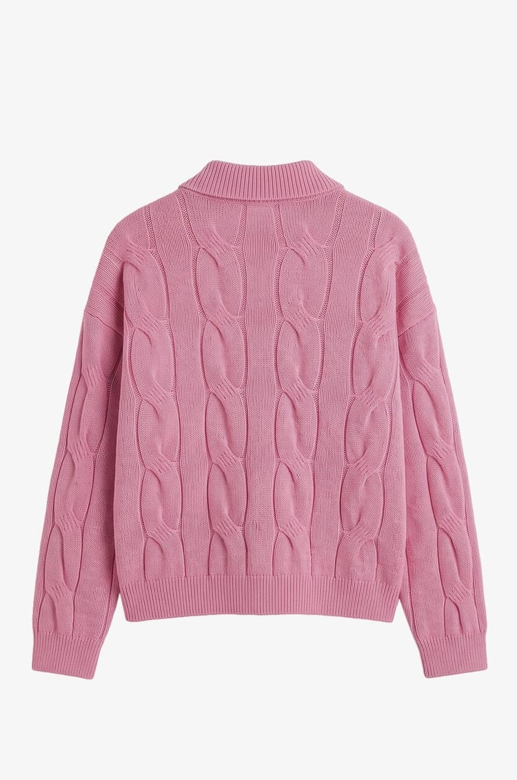 Pembe Fitilli Saç Örgü Hırka