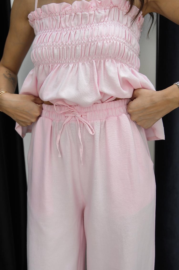 Pembe Gipeli Bluz Pantolon Keten Takım