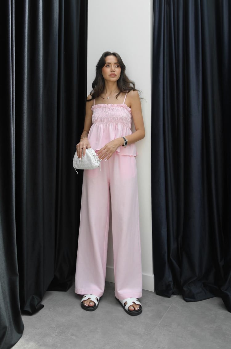 Pembe Gipeli Bluz Pantolon Keten Takım