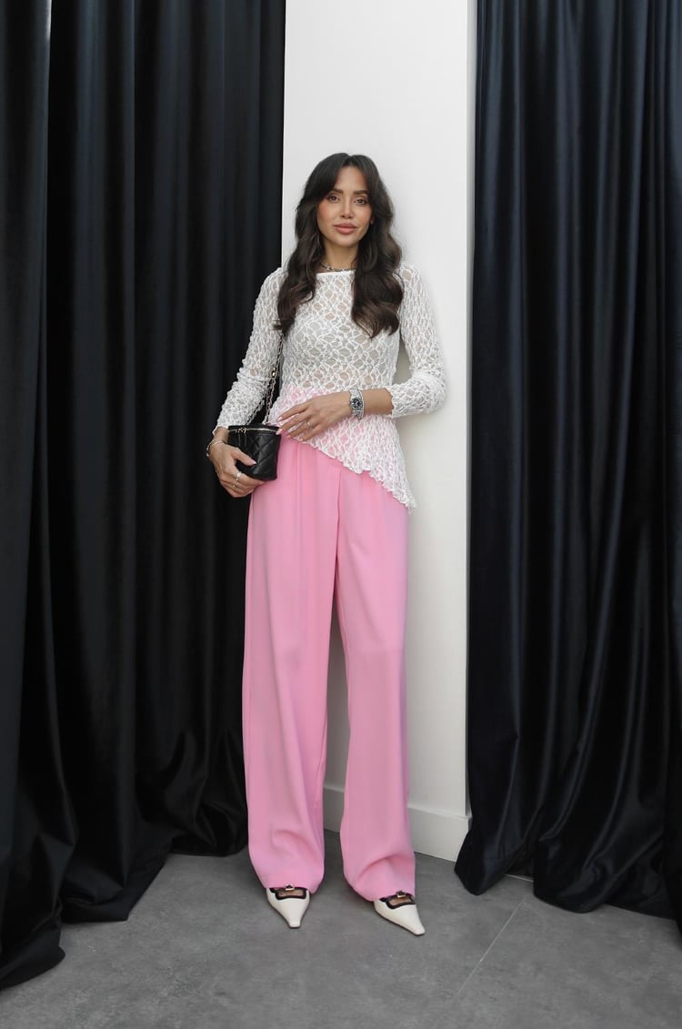 Pembe Gold Düğme Detaylı Palazzo Pantolon