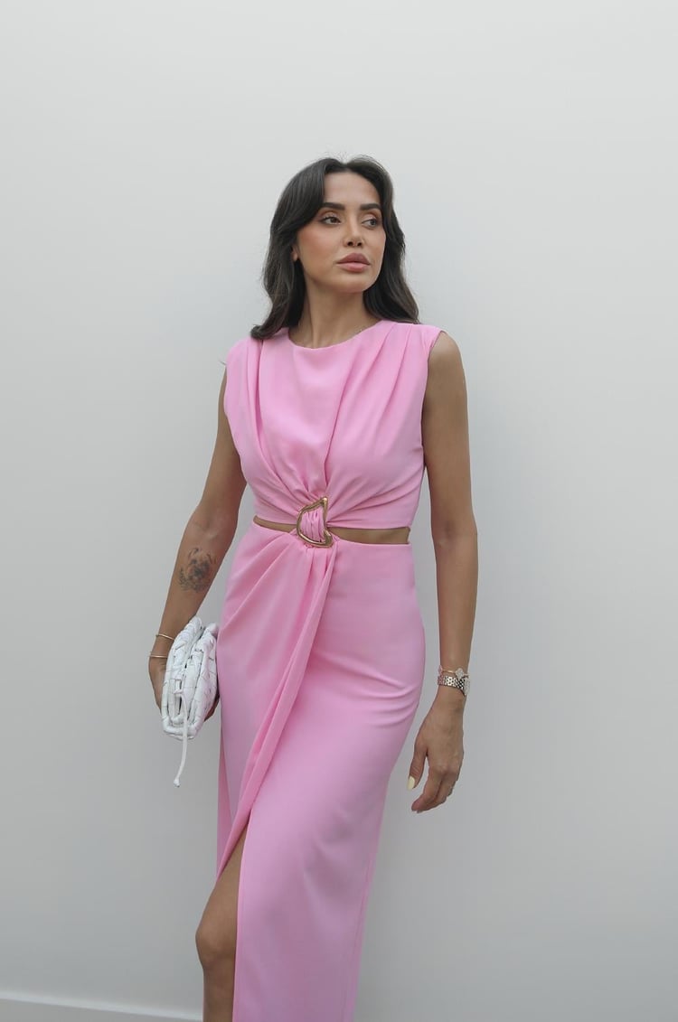 Pembe Gold Tokalı Bel Detaylı Elbise