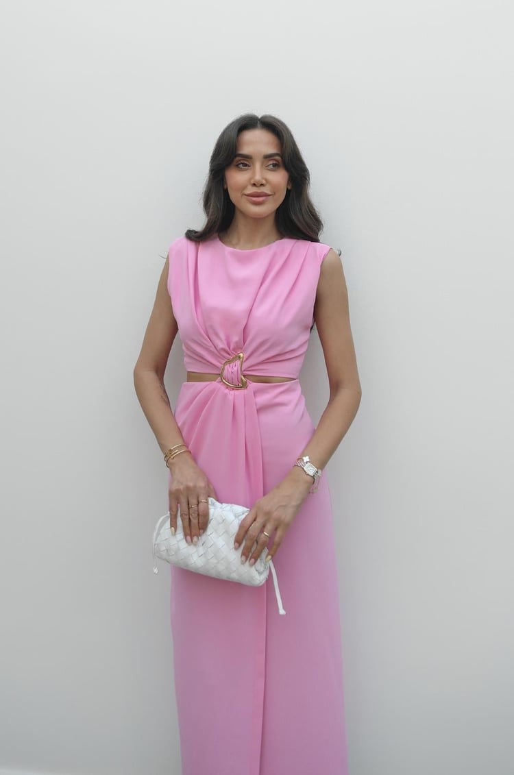 Pembe Gold Tokalı Bel Detaylı Elbise