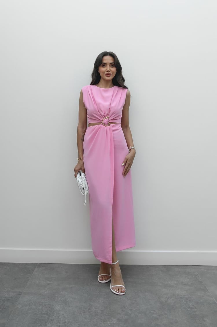 Pembe Gold Tokalı Bel Detaylı Elbise