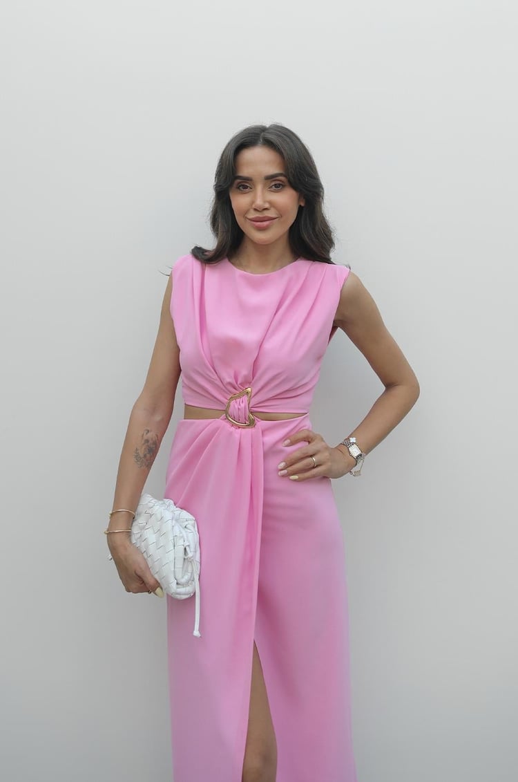 Pembe Gold Tokalı Bel Detaylı Elbise