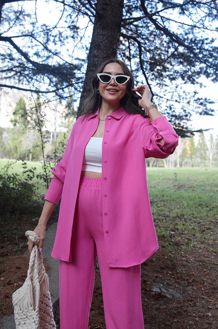 Pembe Gömlek Pantolon Keten Takım