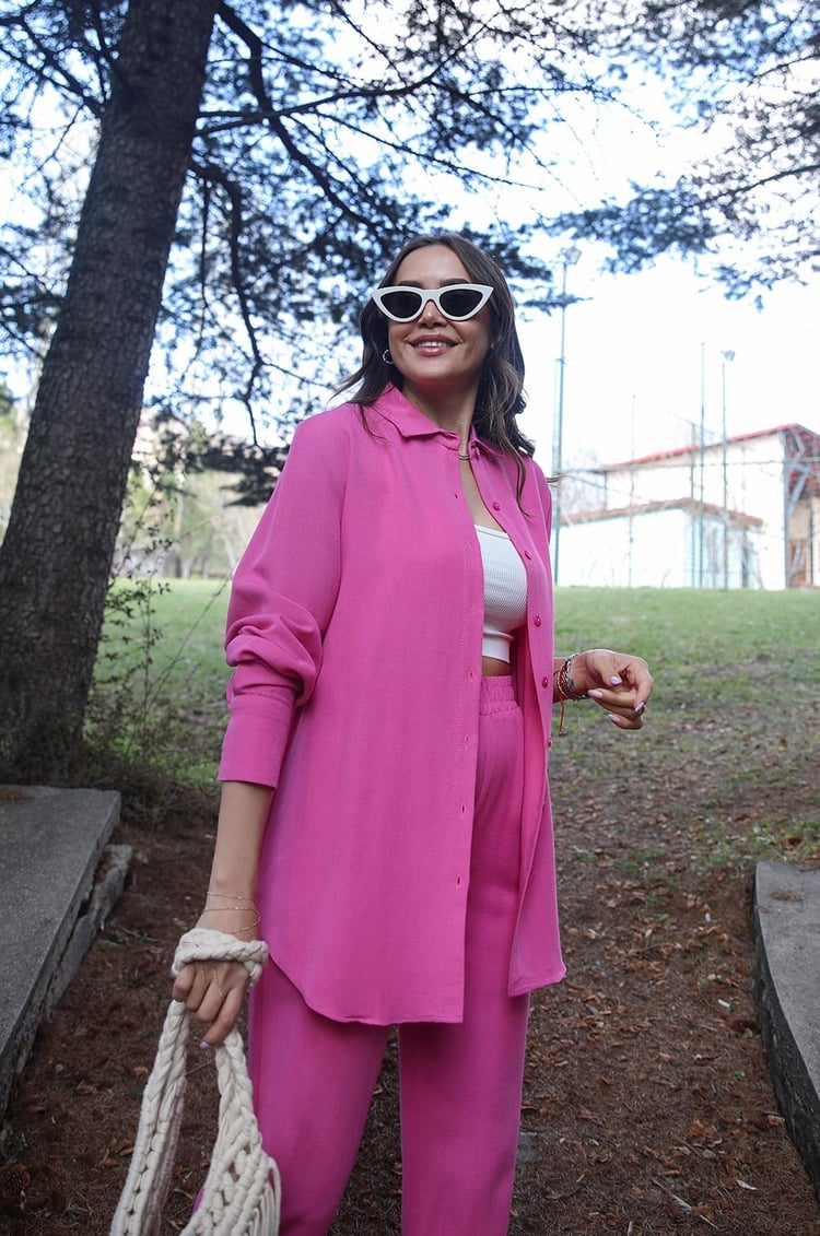 Pembe Gömlek Pantolon Keten Takım