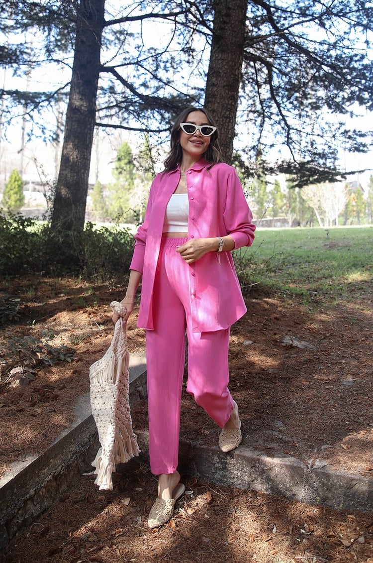 Pembe Gömlek Pantolon Keten Takım