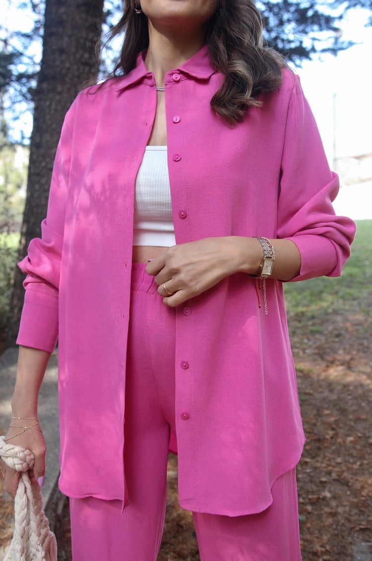 Pembe Gömlek Pantolon Keten Takım