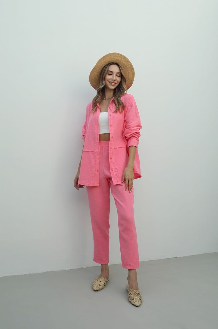 Pembe Gömlek Pantolon Müslim Takım