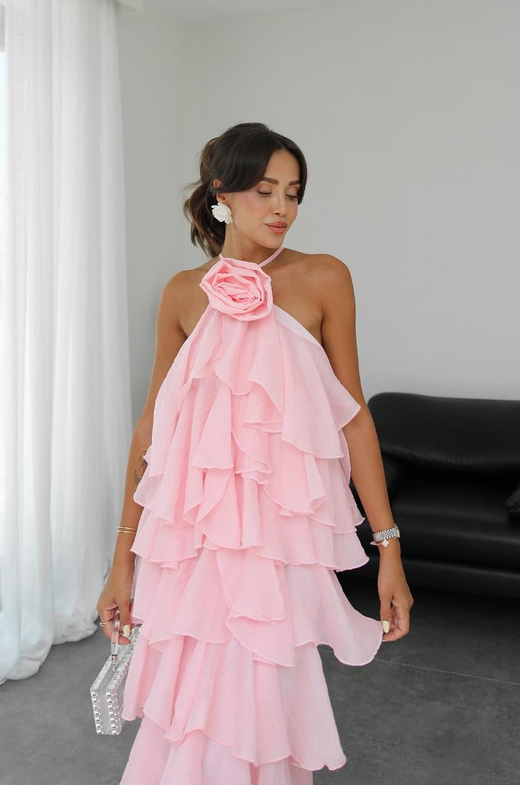 Pembe Gül Detaylı Kat Kat Elbise