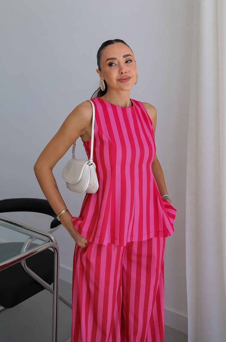 Pembe Kırmızı Çizgili Bluz Pantolon Takım