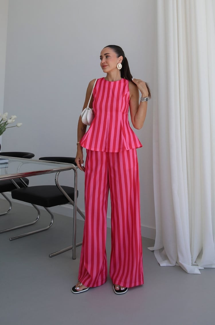 Pembe Kırmızı Çizgili Bluz Pantolon Takım
