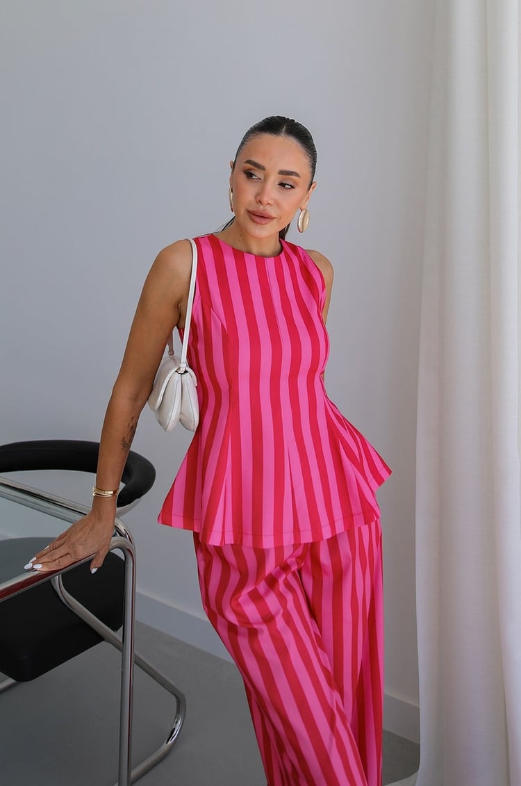 Pembe Kırmızı Çizgili Bluz Pantolon Takım