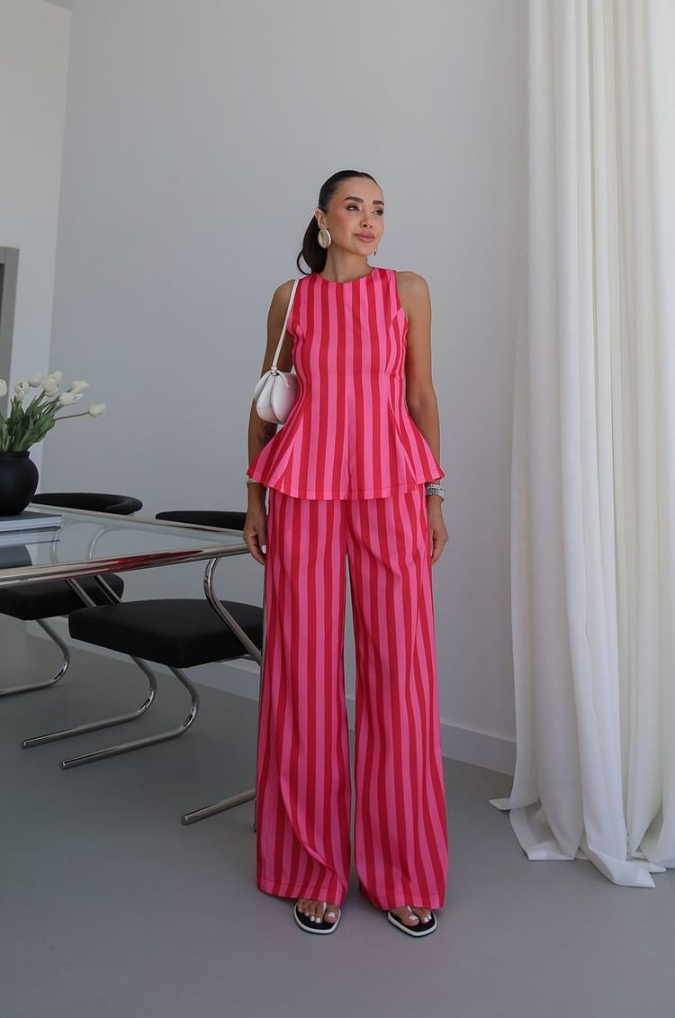 Pembe Kırmızı Çizgili Bluz Pantolon Takım