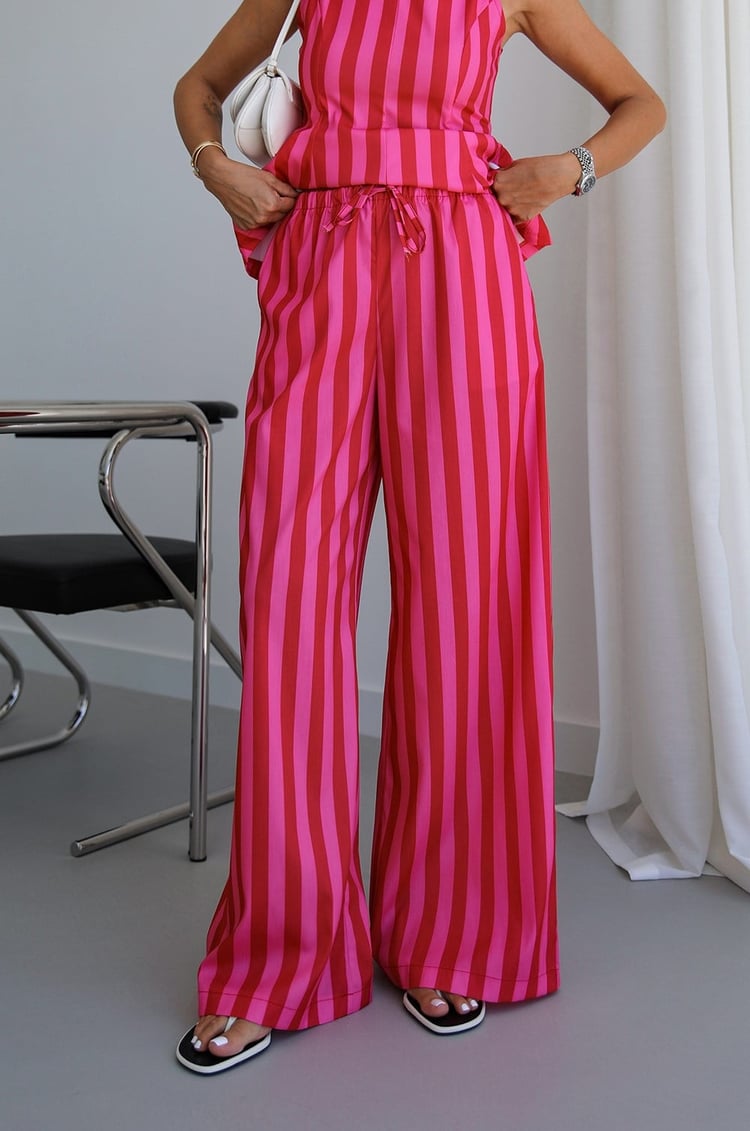 Pembe Kırmızı Çizgili Bluz Pantolon Takım