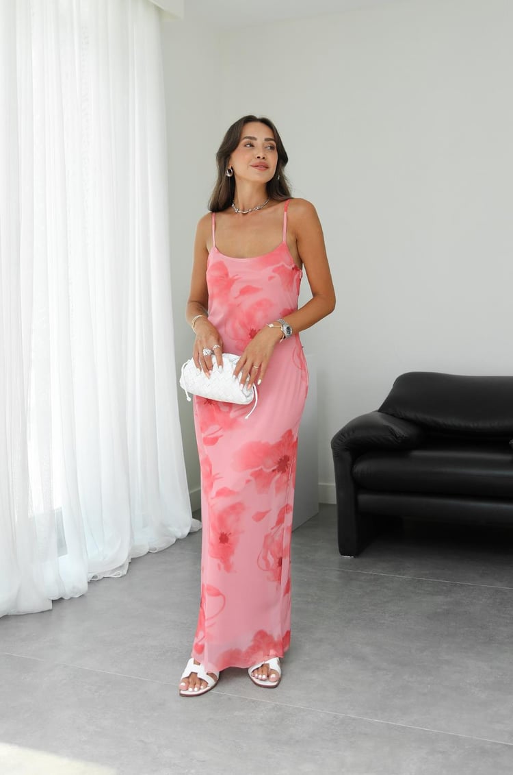 Pembe İnce Askılı Çiçekli Elbise