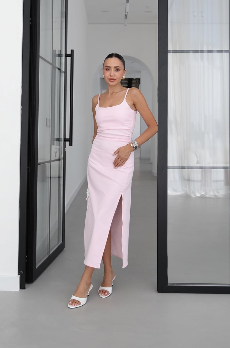 Pembe İp Askılı Yırtmaçlı Denim Elbise